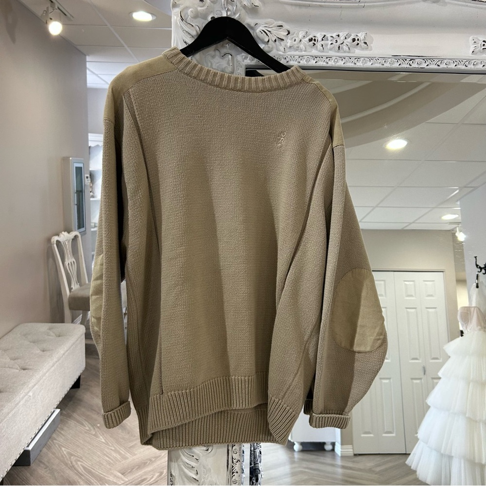 Browning Men's Beige Knit Sweater Elbow Patches Round Neck Long Sleeve VTG